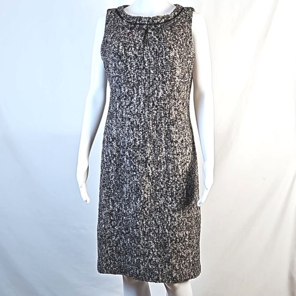 Talbots Wool Blend Black Brown Cream Tweed Sleeveless Fringe Collar Sheath Dress - Picture 1 of 16